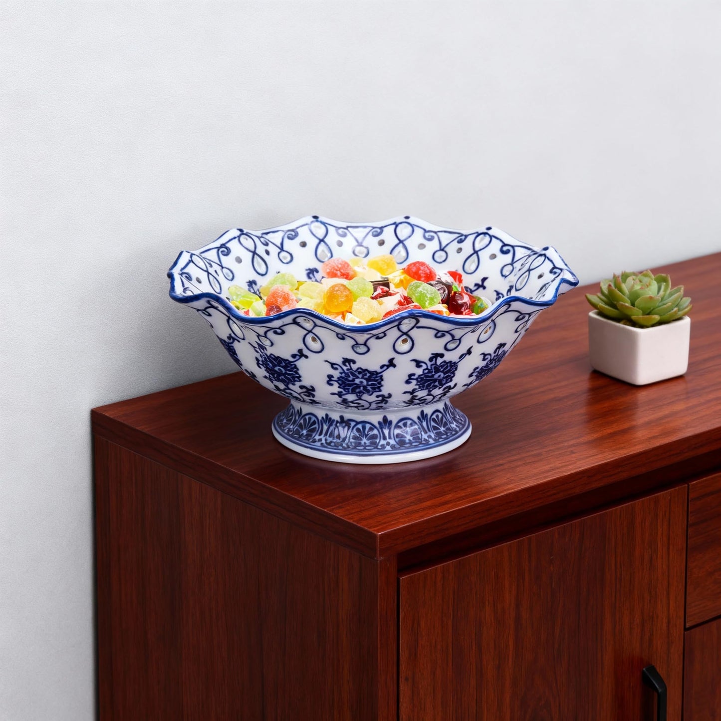 Blue and White Decorative Fruit Bowl for Kitchen Counter - 9.5" Large Ceramic Fruit Pedestal Bowl for Home Table Decor, Blue and White Chinoiserie Floral Decor, Large China Footed Fruits Bowls Basket