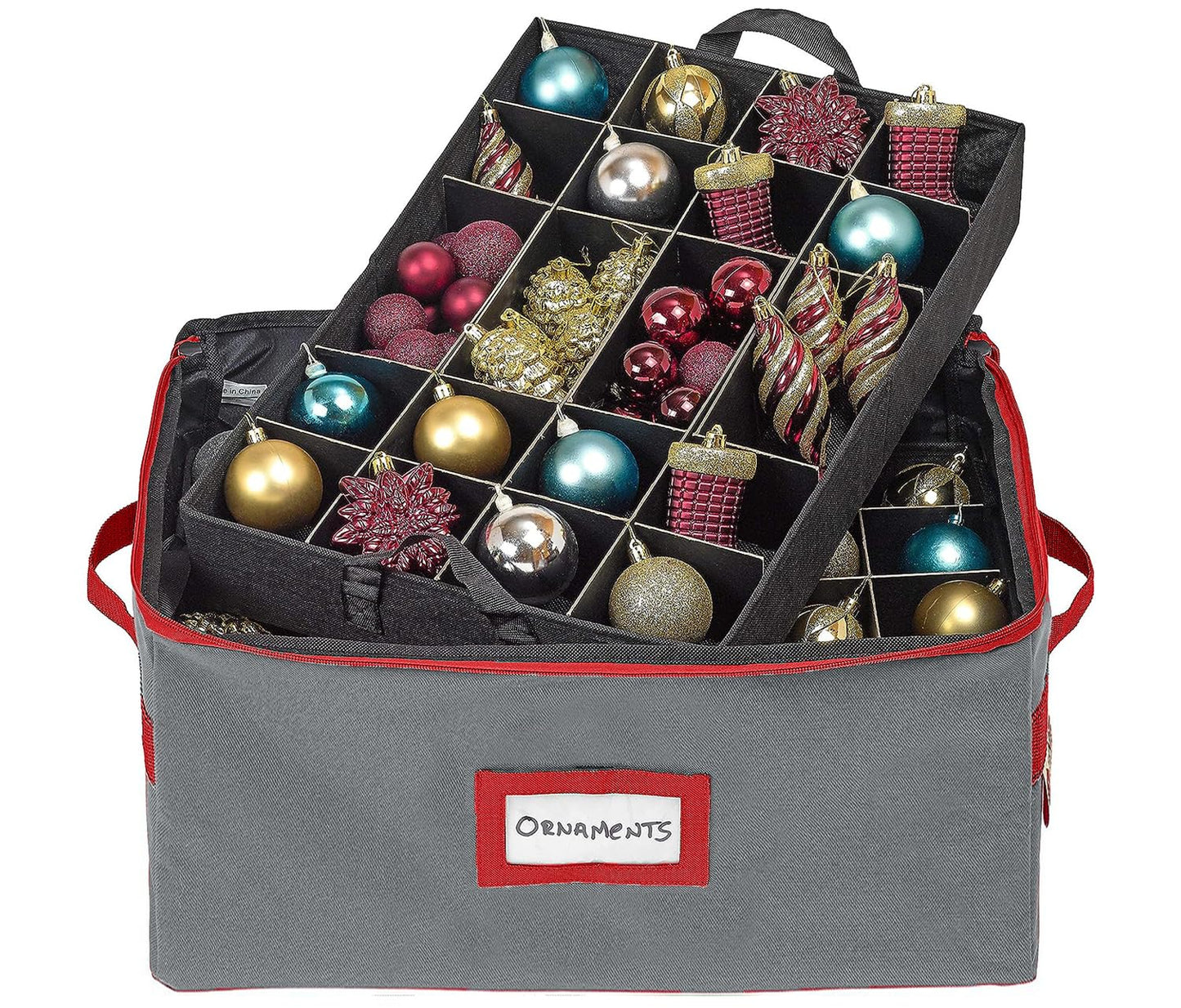 HOLDN’ STORAGE Christmas Ornament Storage Box with Dividers - Fits 96-3” Ornaments, 4 Removable Trays, Durable & Space-Saving, Clear Top Lid, Convenient Storage Designed, Grey