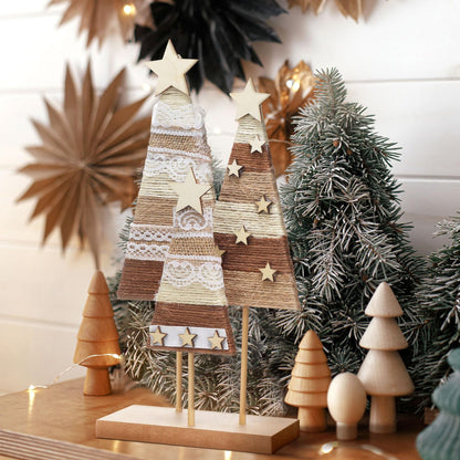 Cinnvoice Farmhouse Wooden Christmas Trees Tabletop Decorations Boho Christmas Tabletop Decor Rustic Wood Xmas Trees Hemp Rope Centerpieces Table Signs Home Decor for Shelf Windowsill