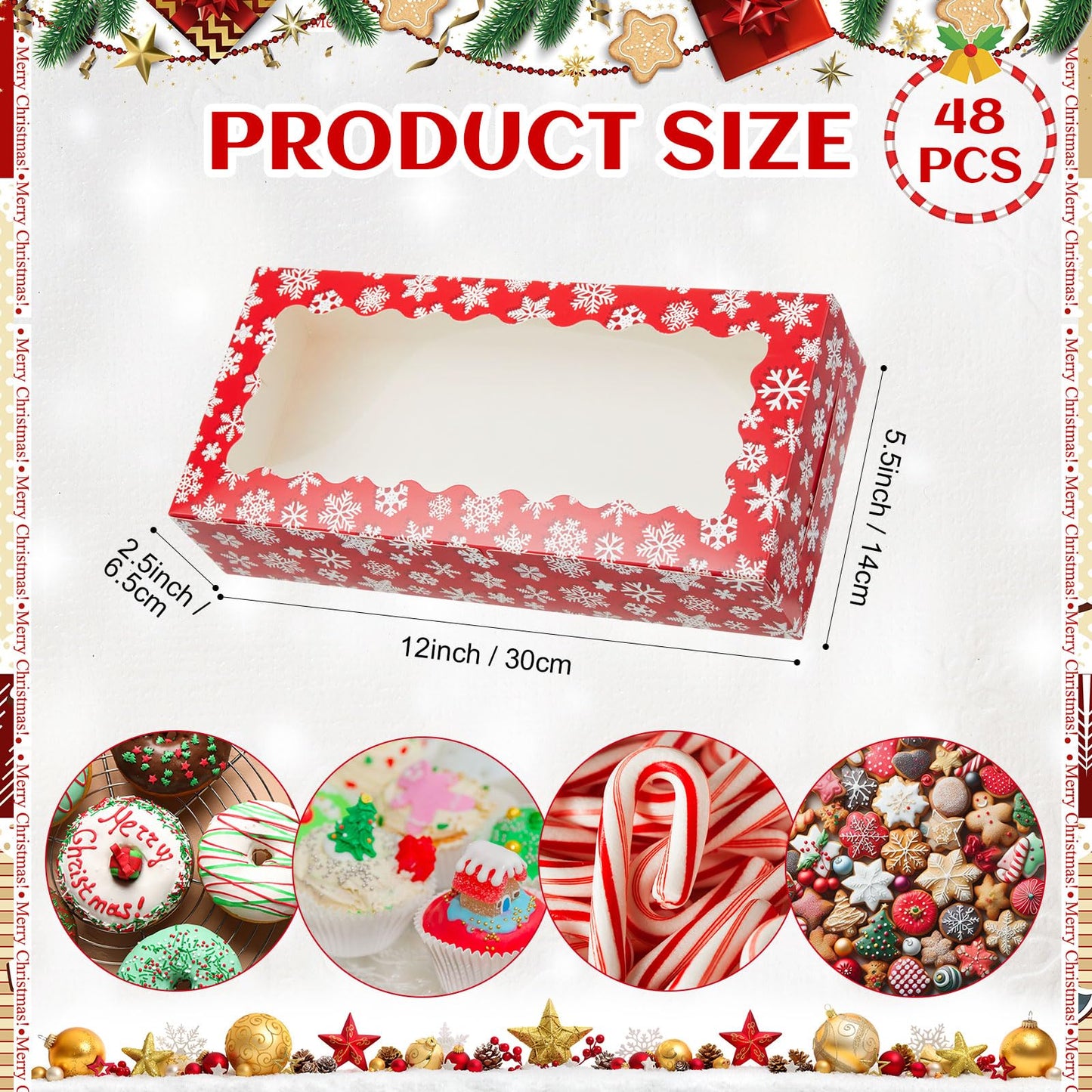 Tenceur 100 Pieces Christmas Cookie Boxes with Window & Lid 12.5 x 5.5 x 2.5 Inch Red and White Snowflake Bakery Boxes Christmas Xmas Candy Treat Food Container for Xmas Gift Wrapping Party Favor