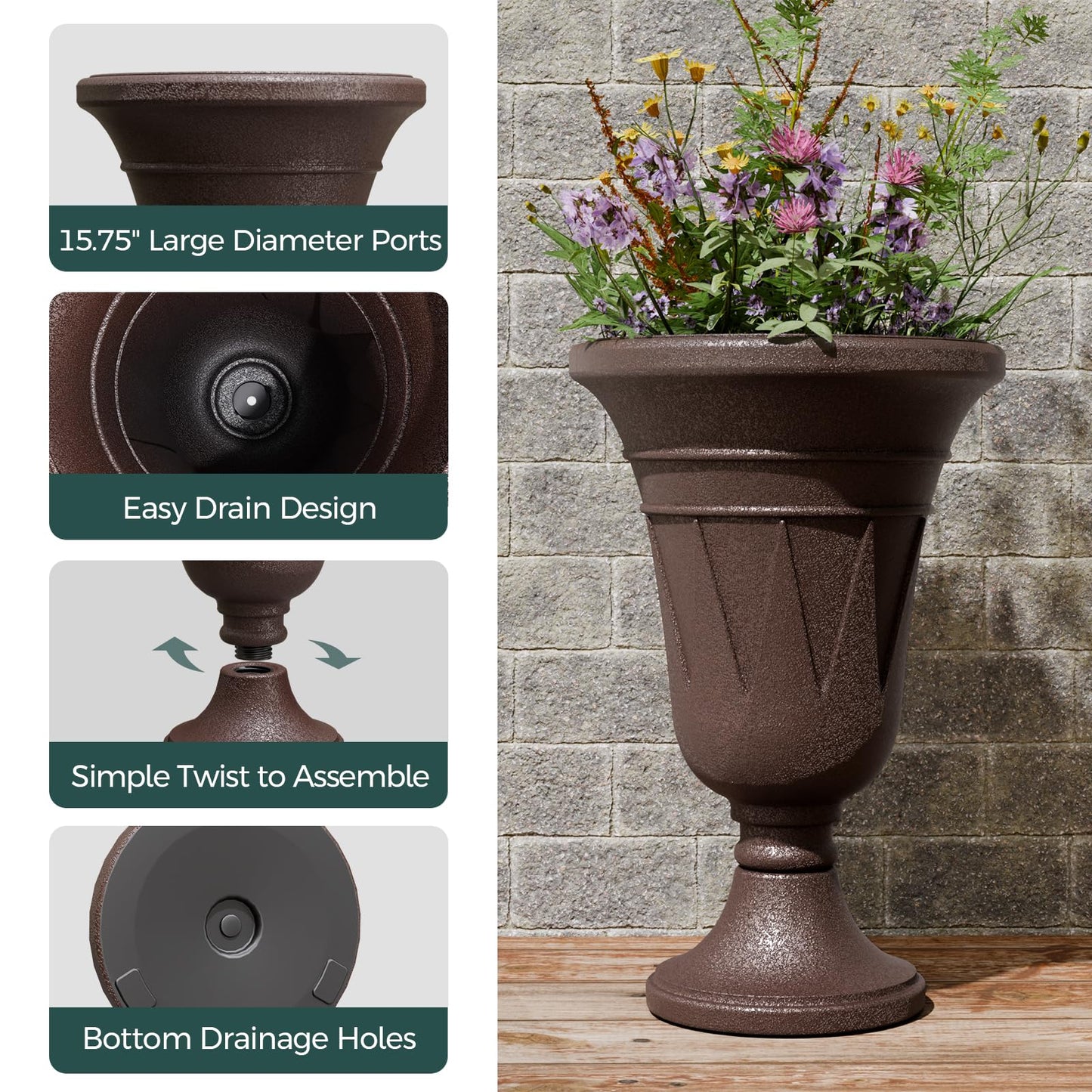 Trygoal 23.6" Tall Plastic Urn Planters for Outdoor Plants, Set of 2 Heavy-Duty Classic Indoor Large Flower Pots with Drainage Holes & Trophy Design, Outdoor Planters for Porch, Home Garden, Brown