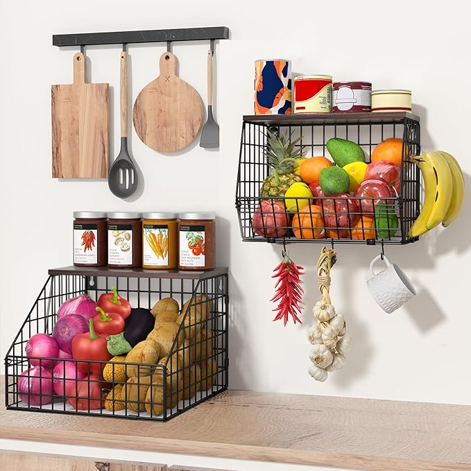 Fruit and Vegetable storage, 2 Set Wall Mounted Wire Baskets, Fruit Basket