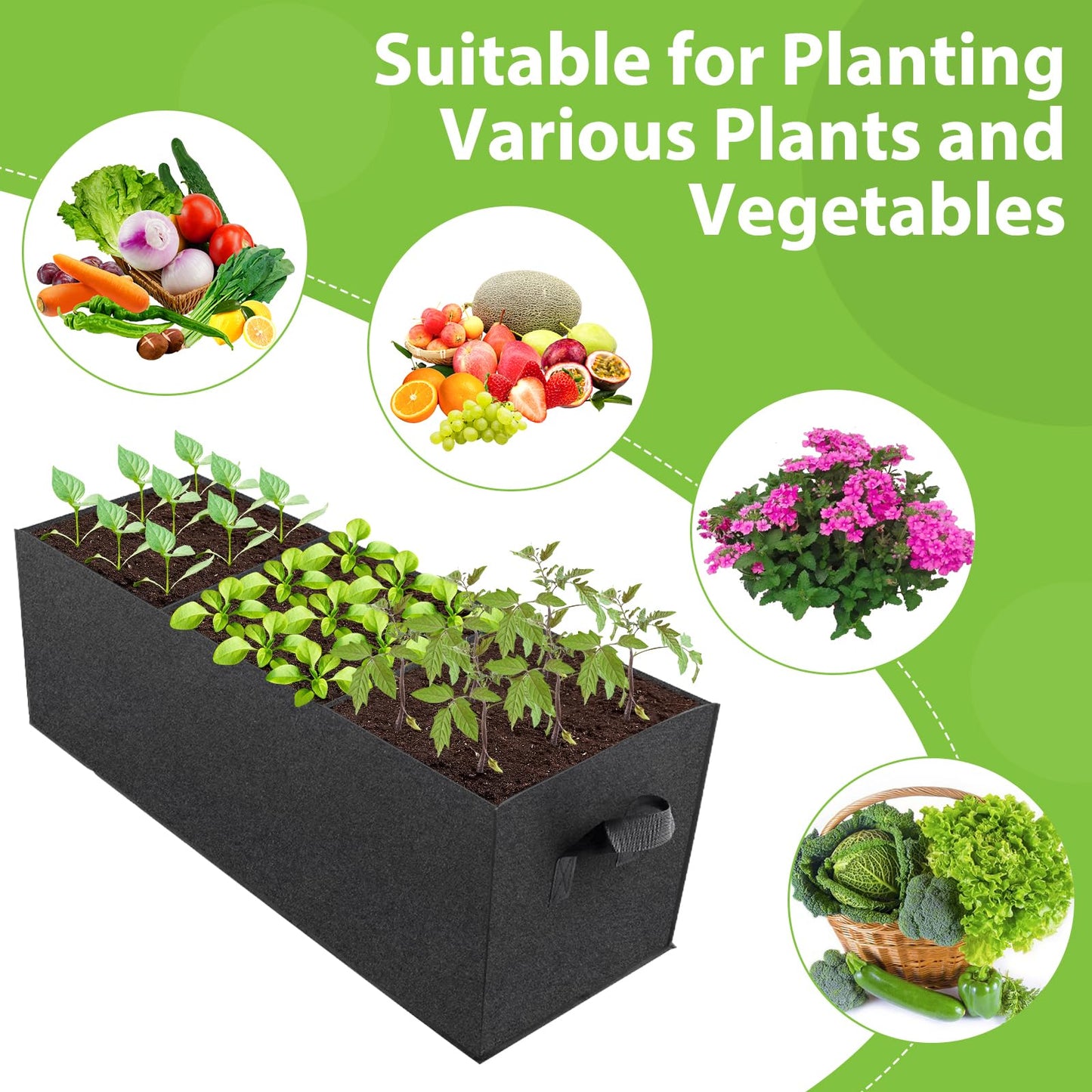 RGJ 3 Pack Fabric Raised Garden Bed, 22 Gallon 3x1x1 FT Garden Growing Bags with Handle, 3 Grids Breathable Garden Grow Bed Bag Grow Planter Bags Plant Bed for Planting Vegetables, Flowers and Herbs