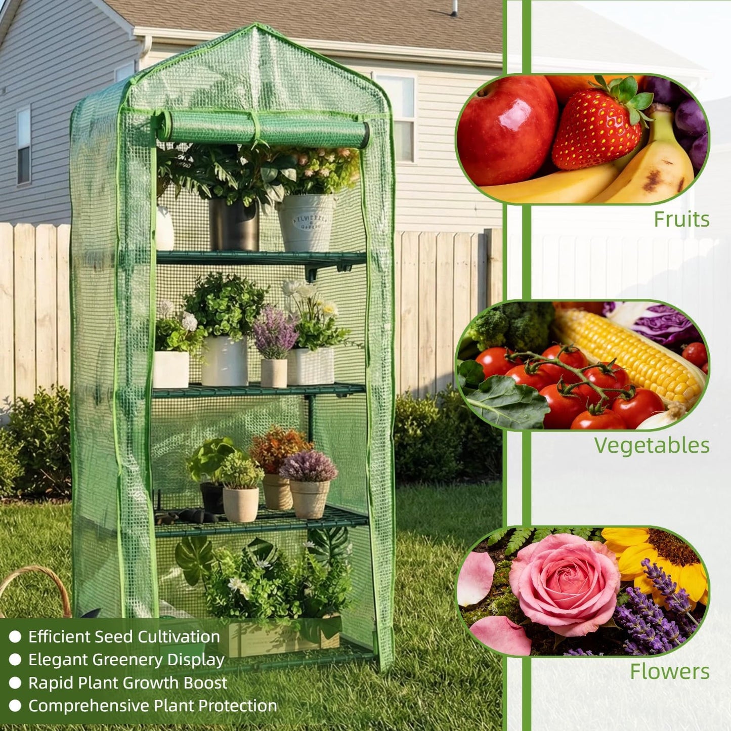 Kelived 4 Tier Mini Greenhouse - Portable Indoor Outdoor Green House with 24lbs Per Shelf, Durable PE Cover & Tool-Free Assembly for Garden Balcony Patio Backyard