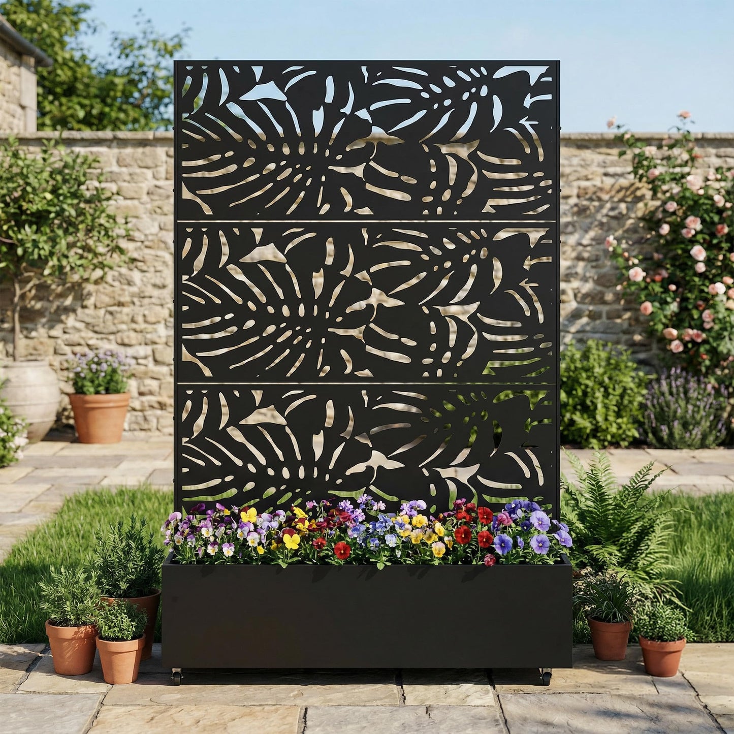 Qatiby Metal Raised Garden Bed with Trellis and Wheels, 71"x47"x16" Planter Box with Privacy Screen & Drainage Holes, Mobile Outdoor Garden Bed for Climbing Plants, Vegetables, Flowers (Black-Summer)