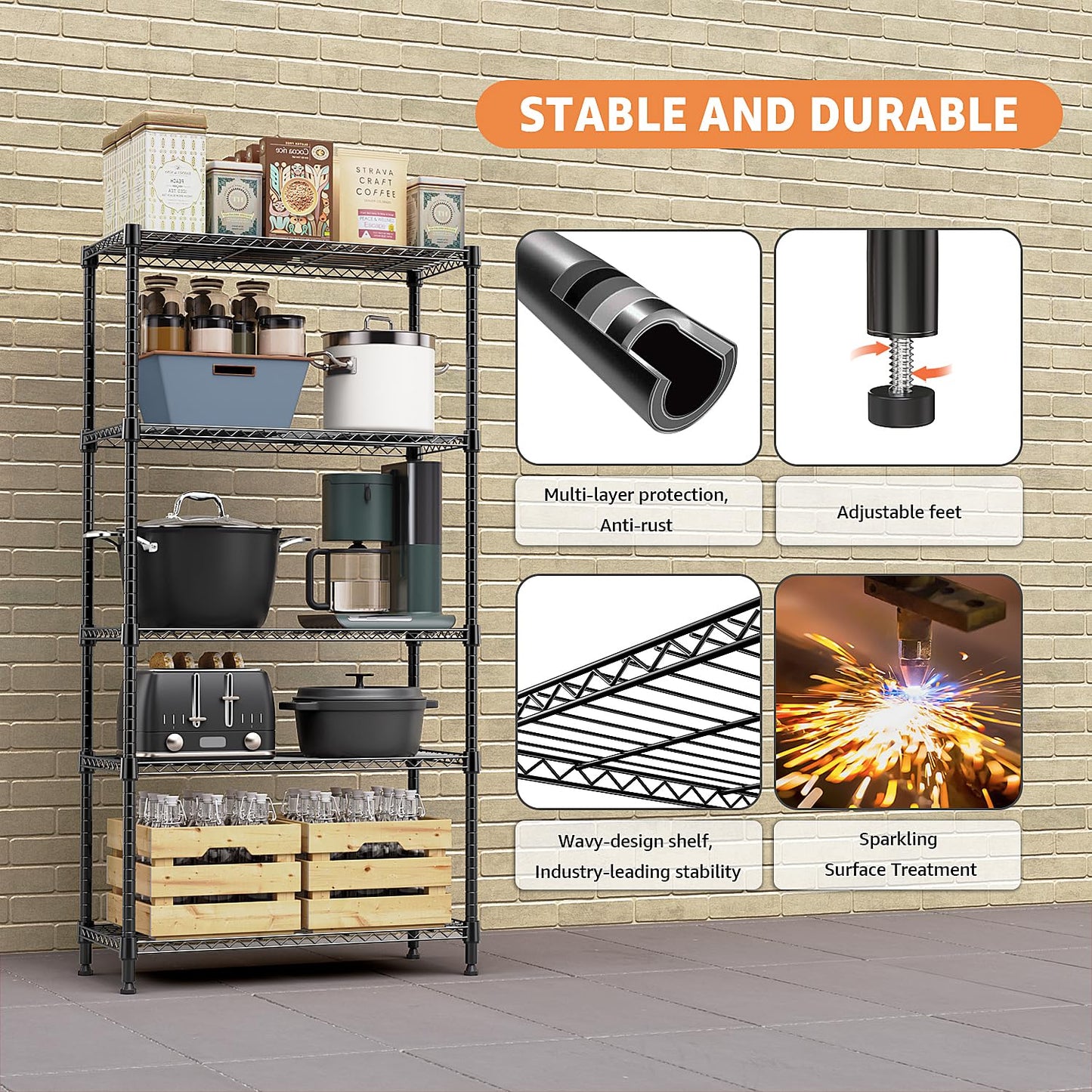 M MZG 5 Tiers Shelf Metal Storage Shelves Standing 1750 LBs Household Shelf Organizer for Kitchen Pantry Closet Garage Basement Utility Room, Black15.7 D x 45.3" W x 70.4" H