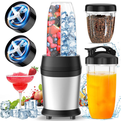 12-Piece Smoothie Blender Maker 25,000 RPM Personal Blender for Ice Crushing Smoothies & Frozen Drinks Nuts with 23oz, 32oz, 37oz Portable Cups Two 6-Leaf Stainless Steel Blades, Silver