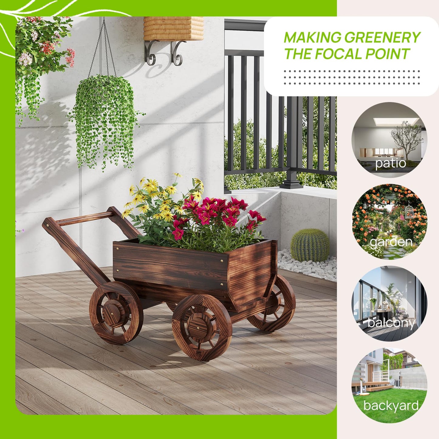 Wooden Flower Cart with Wheels Wooden Wagon Planter Outdoor Garden Planter Decor Planter Kit for Patio Balcony Trolley Decoration Succulent Flower Pot, Indoor Backyard Balcon Decor（Small）