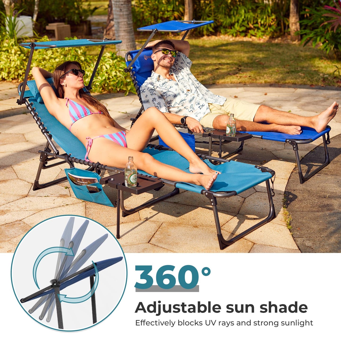 FUNDANGO 4 in 1 Tanning Chair with Face Hole, Beach Lounge Chair with Canopy Shade & Side Table Chaise Lounge Chairs for Patio, Pool, Lawn, Sunbathing, 5-Position Adjustable Sun Lounger, Blue