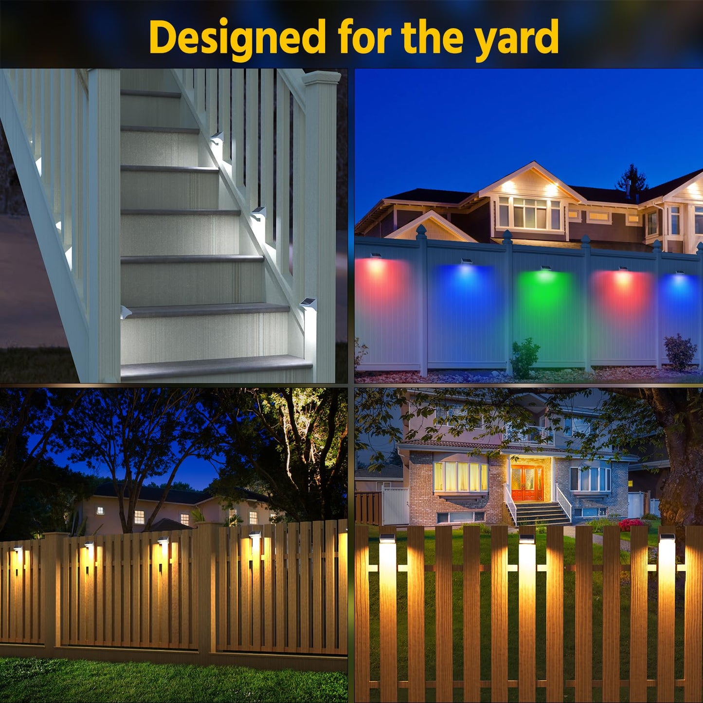 NIORSUN Outdoor Fence Lights, 24 Pack Waterproof LED Solar Fence Lights with 1500mAh Battery, Warm White/Cool White/RGB, Easy-to-Install Wall Light for Deck, Patio, Railing, Stairs, Backyard – White