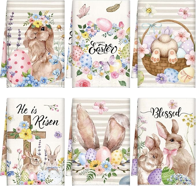 Breling Set of 6 Easter Decorations Happy Easter Kitchen Towels Rabbit Dish
