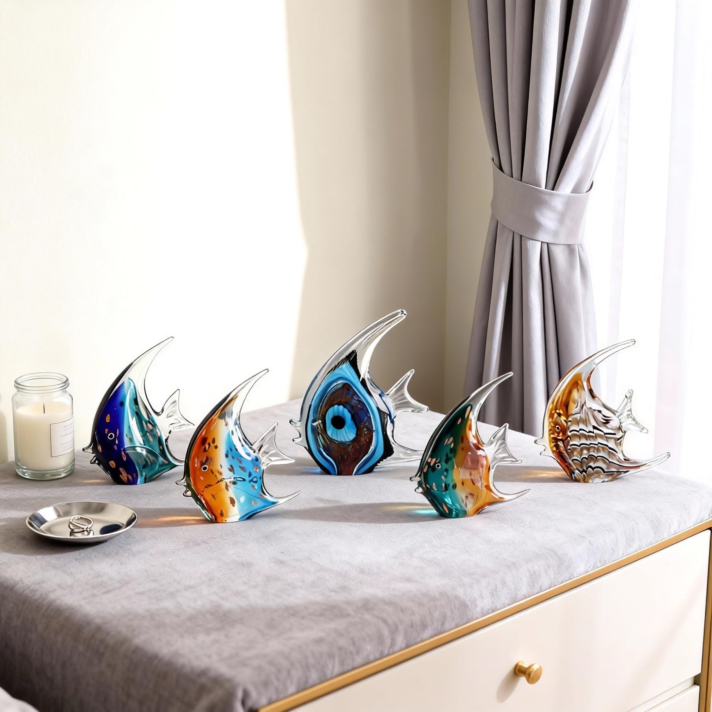 PlivBloom Glass Fish Sculpture – Hand Blown Glass Art, Tropical Fish Figurine, Decorative Ornament, Sea Glass Home Decor, Modern Beach Decor for Living Room, Office, TV Stand, Bathroom (Blue)