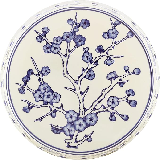 JONATHAN Y TBL1027A Lucky Coins 16" Chinese Ceramic Drum Indoor/Outdoor Garden Stool Bohemian, Coastal, Classic, Cottage, French Country, Patio, Garden Room, Bathroom, Living Room, Blue/White