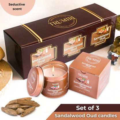 Sandalwood Oud - Scented Candles for Men - Pack of 3 x 5oz Natural Soy Clean Organic Non Toxic - Masculine Scent Gifts - Candel for Home Bedroom Bathroom Apartment Room Décor - New House Essentials