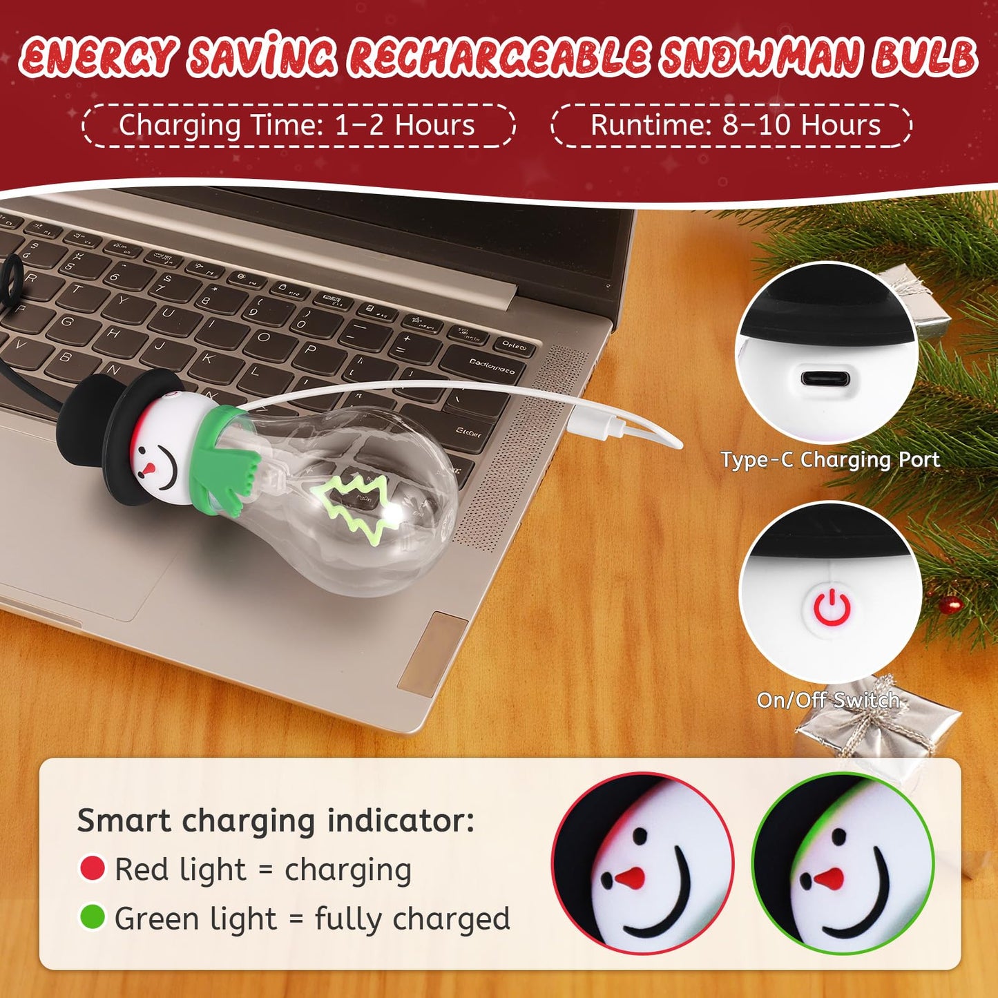 Christmas Bulb Light Hanging Christmas Night Light Edison Style Bulb USB Powered 8Hrs Play Fun Decorative for Indoor Outdoor Home Party Holiday Gift（Blue+Green+Red+Coffee Brown）