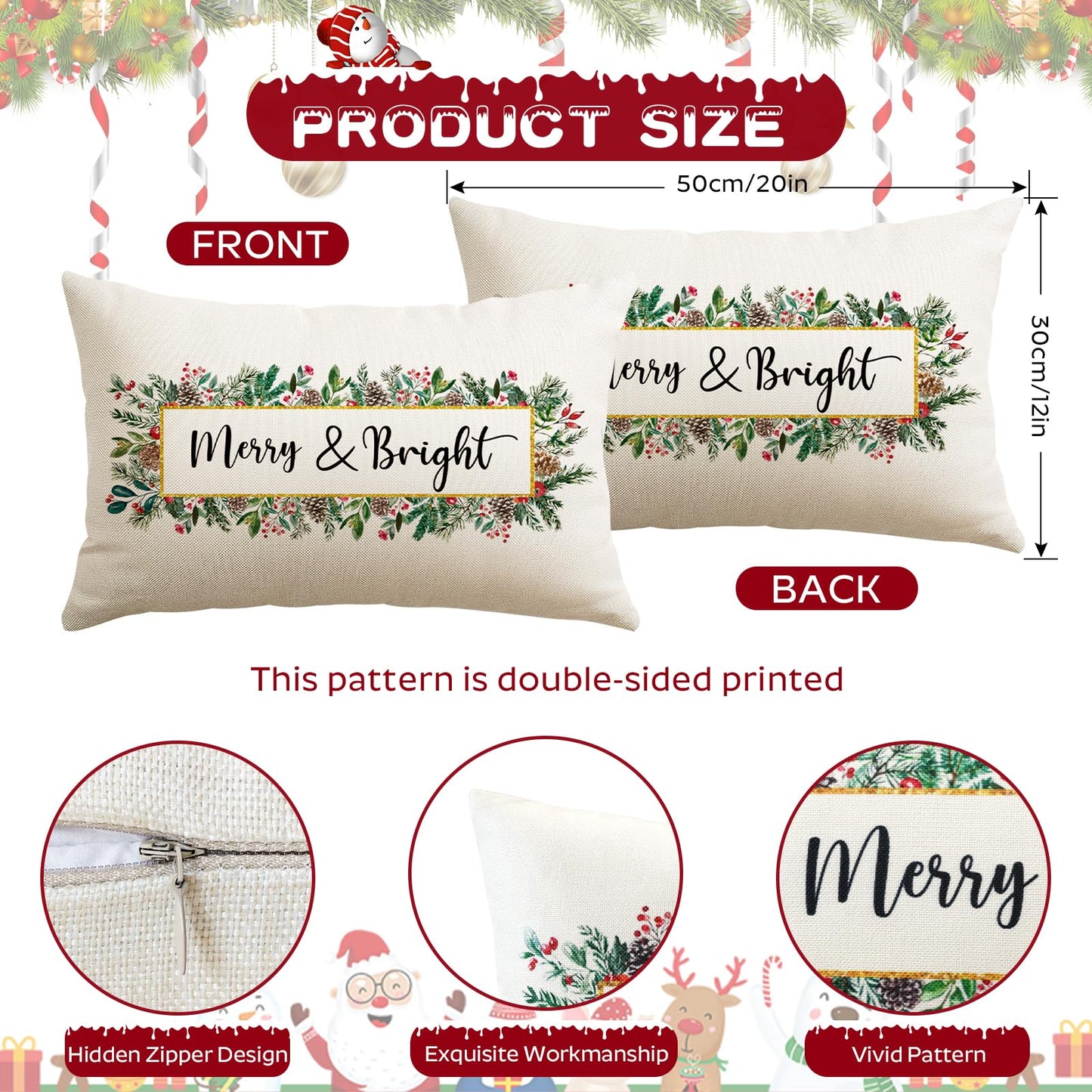OTOSTAR Merry Bright Christmas Decor Pillow Cover 12x20 Inch Lumbar Decorative Throw Pillow Case Eucalyptus Mistletoe Winter Holiday Rectangle Cushion Cover for Couch Bed Sofa Decor (Merry & Bright)