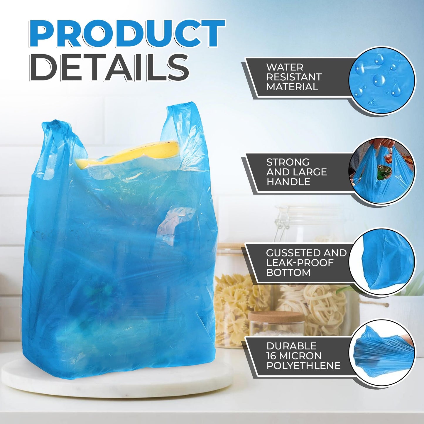 FERRIS | 200pk Strong Large Vest Carrier Bags with Handles | Multi-Purpose Heavy Duty Plastic Bags 11 x 17 x 21 | Use for Shopping, Market-Stalls, Takeaway, Groceries or General use in Kitchen (Blue)