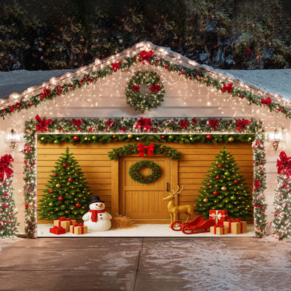 HOMETITUTE Christmas Garage Door Banner 13x6ft Christmas Trees Snowman Theme Backdrop Seasonal Christmas Decor Winter Door Cover Banners for Outside Garage Wall Covering for Party Garage