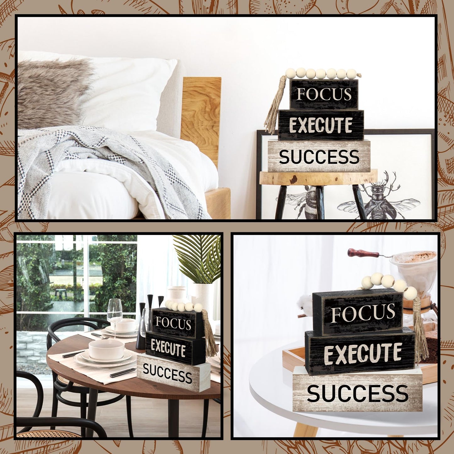 Yuntau 4 Pcs Motivational Desk Decor Wooden Office Decor Inspirational Tiered Tray Decoration Rustic Retro Wood Bead Garland Focus Execute Success Block Sign Farmhouse Centerpiece for Home Shelf
