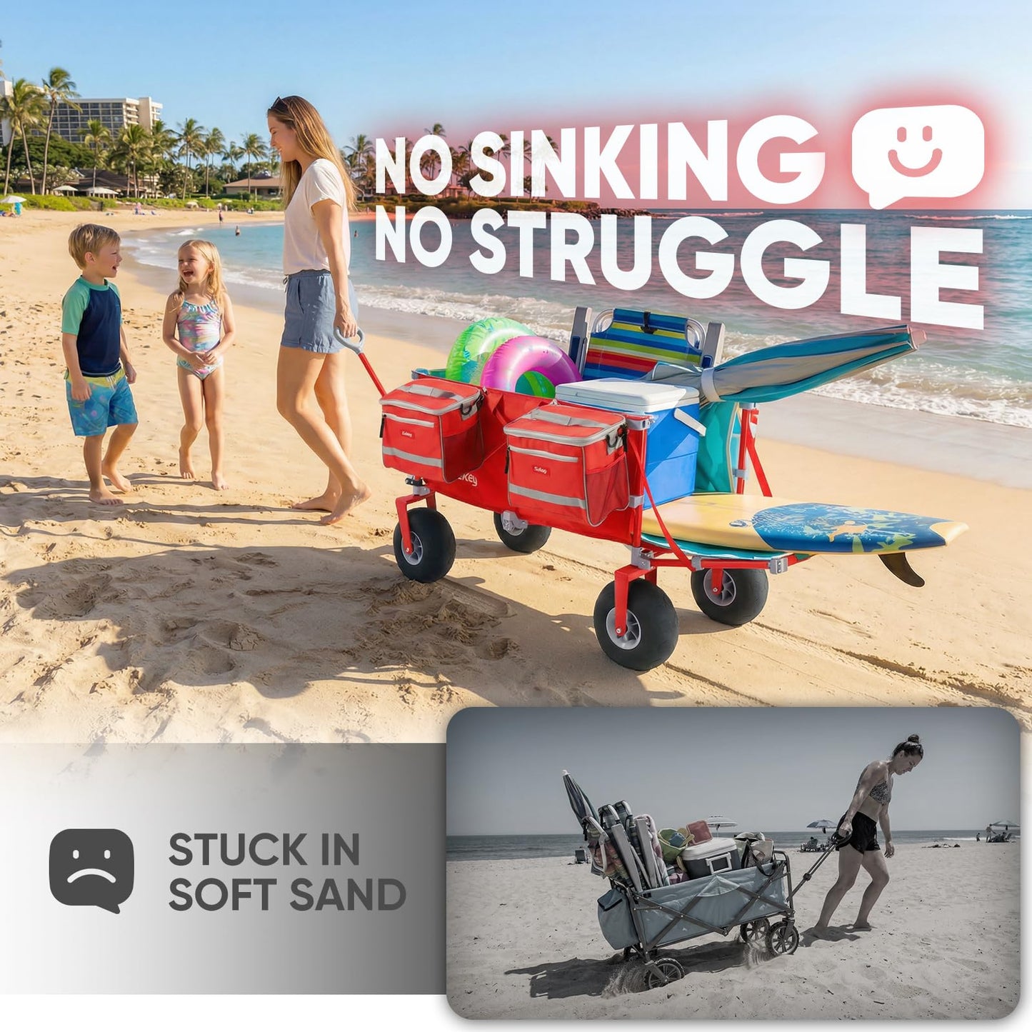 Sekey Heavy Duty Beach Wagon with 9" Big Sand-Proof Wheels, 300L Oversized Foldable Beach Cart with Cooler| Adjustable Handle & Balloon Tires for Sand, Camping,Vacation