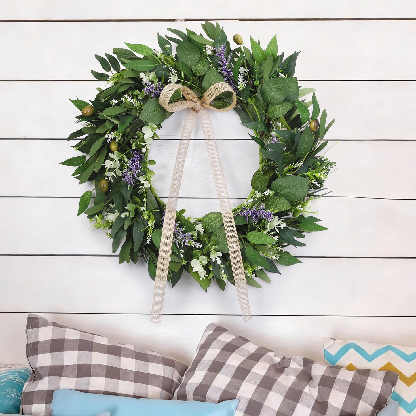 Ovveroche 22Inch Summer Eucalyptus Wreath for Front Door Greenery Wreath Door with Olive Boxwood Leaves Bow for Spring Summer All Season Outdoor Home Decor