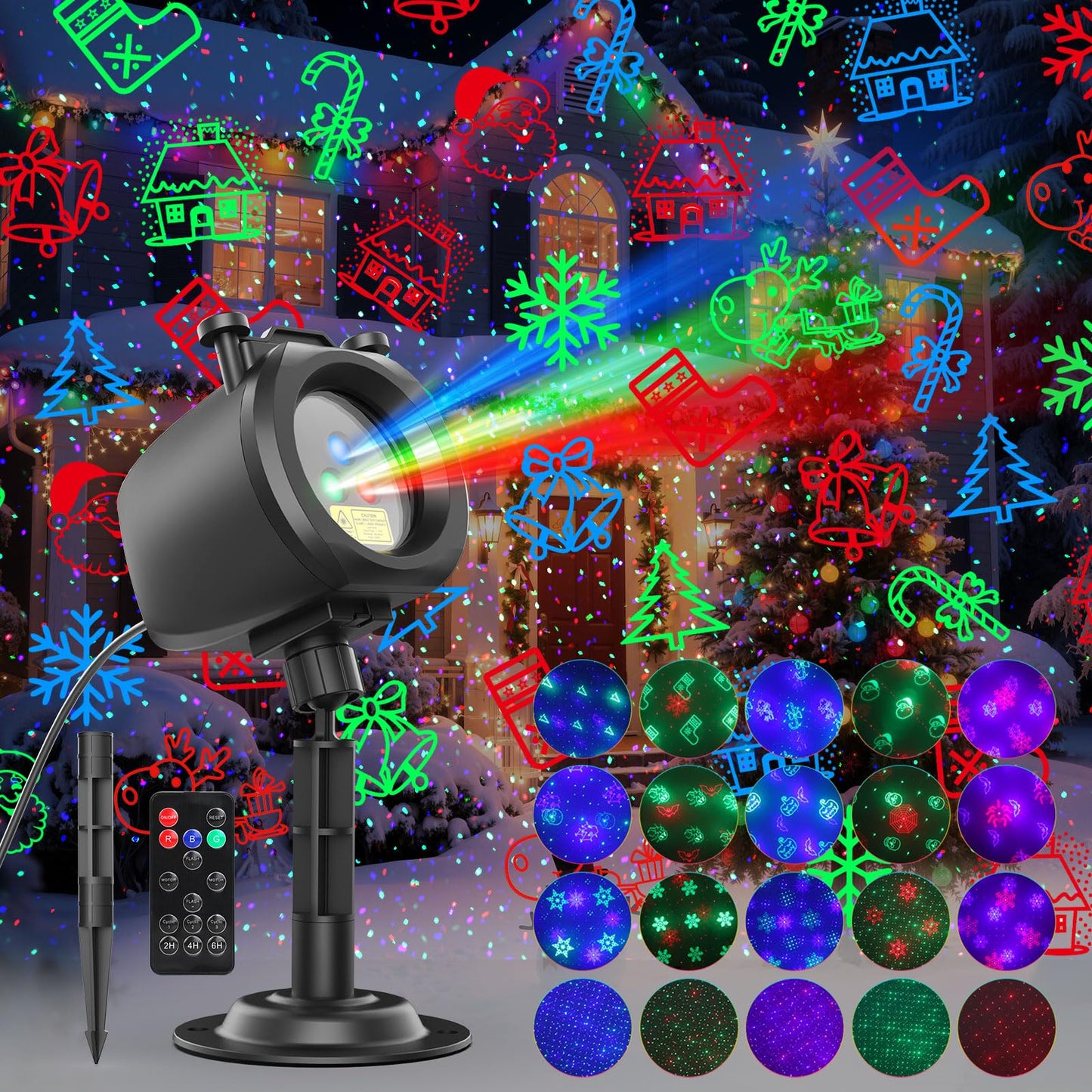Christmas Laser Lights Projector Outdoor with 4 Dynamic Slides, 2-in-1 Moving RGB Firefly Laser Lights with Remote,Timer, Landscape Holiday Porjector for Window Wall Xmas Decor