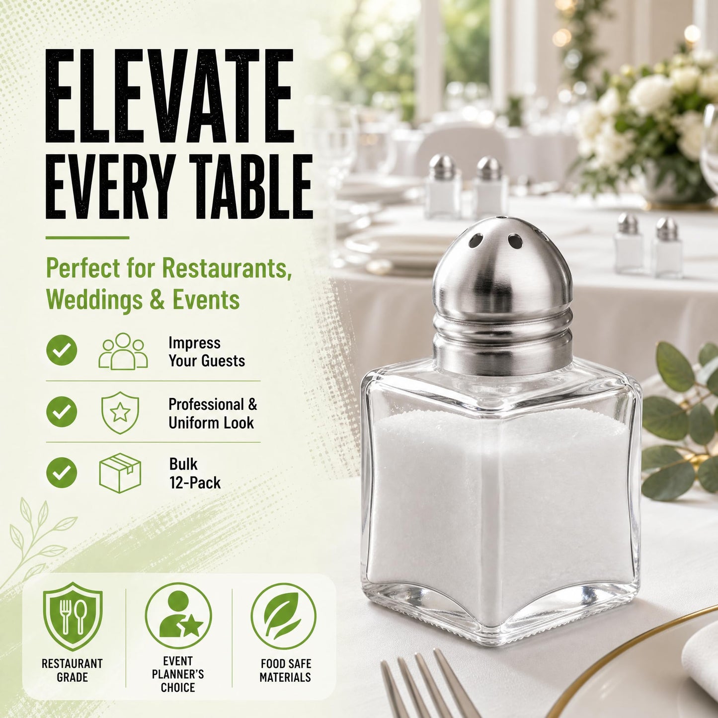 Notana Mini Salt and Pepper Shakers Set - Small Glass Salt Pepper Shaker with Stainless Steel Lids - Modern Kitchen Table Saleros for Dining - Refillable Cute Containers, Pack of 12