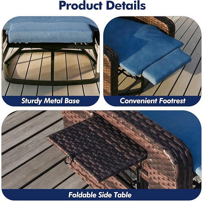 Outdoor Recliner Chair, Wicker Patio Recliners with Adjustable Backrest and Extended Foot Rest, Reclining Patio Chairs with Flip Table & Removable Cushion Cover for Porch