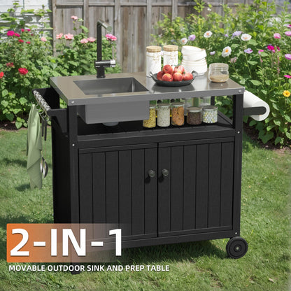 TORVA Multi-Functional Outdoor Grill Cart with Sink,Cabinet and Cover, 42 inch Freestanding Modular Kitchen Sink Station in 304 Stainless Steel&HDPE, All Weather Use BBQ Table, Black