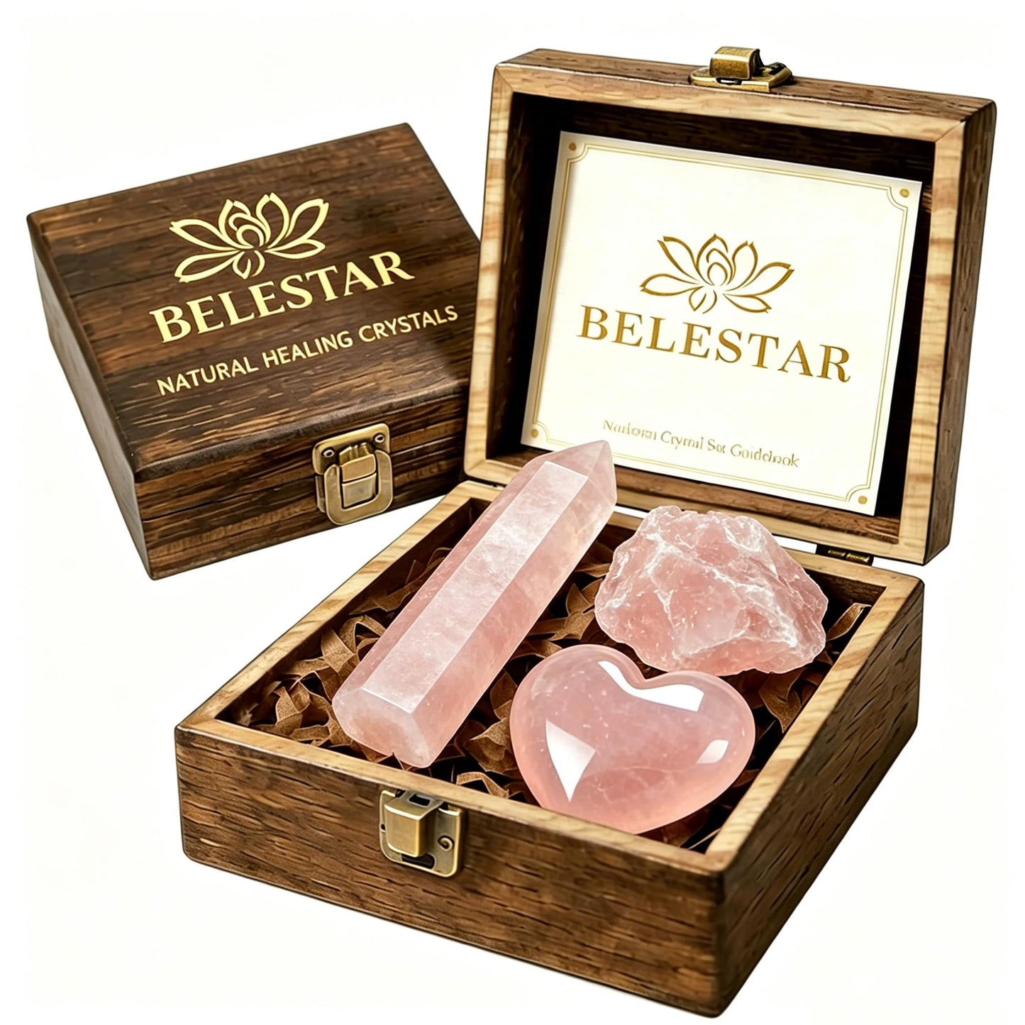 BELESTAR Premium Rose Quartz Crystal Set for Love, Healing & Harmony - Large Raw Stones Energy Alignment Kit with Wooden Gift Box & Guidebook