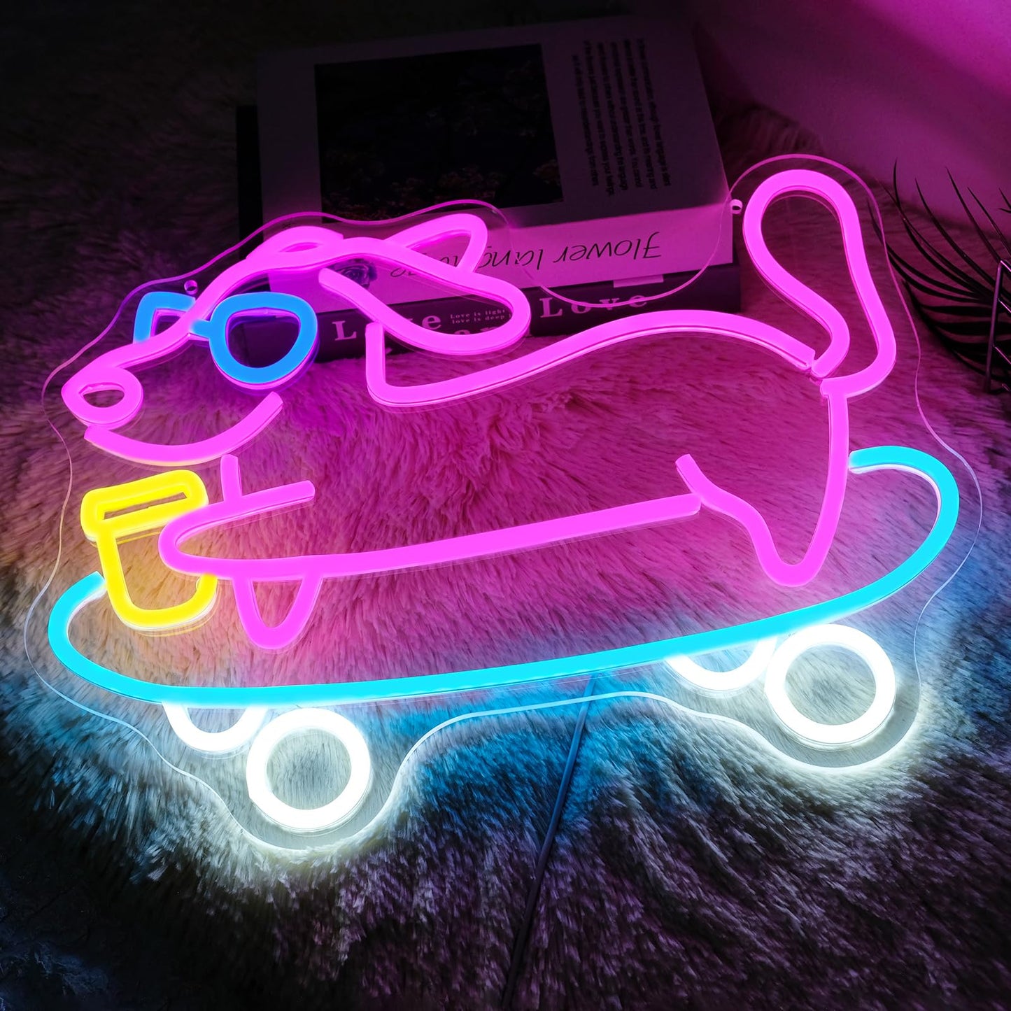 Runalosa Skateboarding Dachshund Neon Sign Dimmable Skateboard Dog Neon Light Sign for Wall Decor Cute Led Signs for Bar Cafe Party Bedroom Pet Shop Kids Room Decor Birthday Gift 16.5" x 12.2"