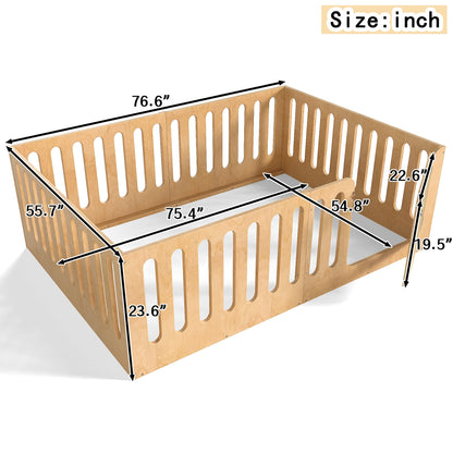 GDFStudio Full Size Montessori Floor Bed with Door, Solid Wood Kids Floor Bed Frame, Low Profile No Box Spring Needed, House Style Design, Sturdy Slats Support, Natural Finish, Easy Assembly