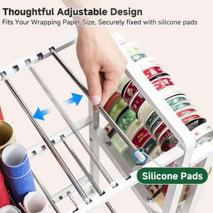 Aquzee Wrapping Paper Storage, Rolling Gift Wrap Station, 9 Adjustable Rod Design, Vertical Wrapping Paper Storage Cart, Ribbon Organizers and Gift Bag Storage, 12 PCS Slap Bands, White