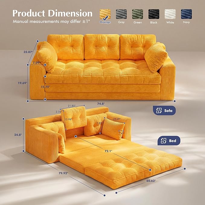 Homkdom 3 Seater Convertible Folding Sofa Bed, Pull Out Sleeper Sofa