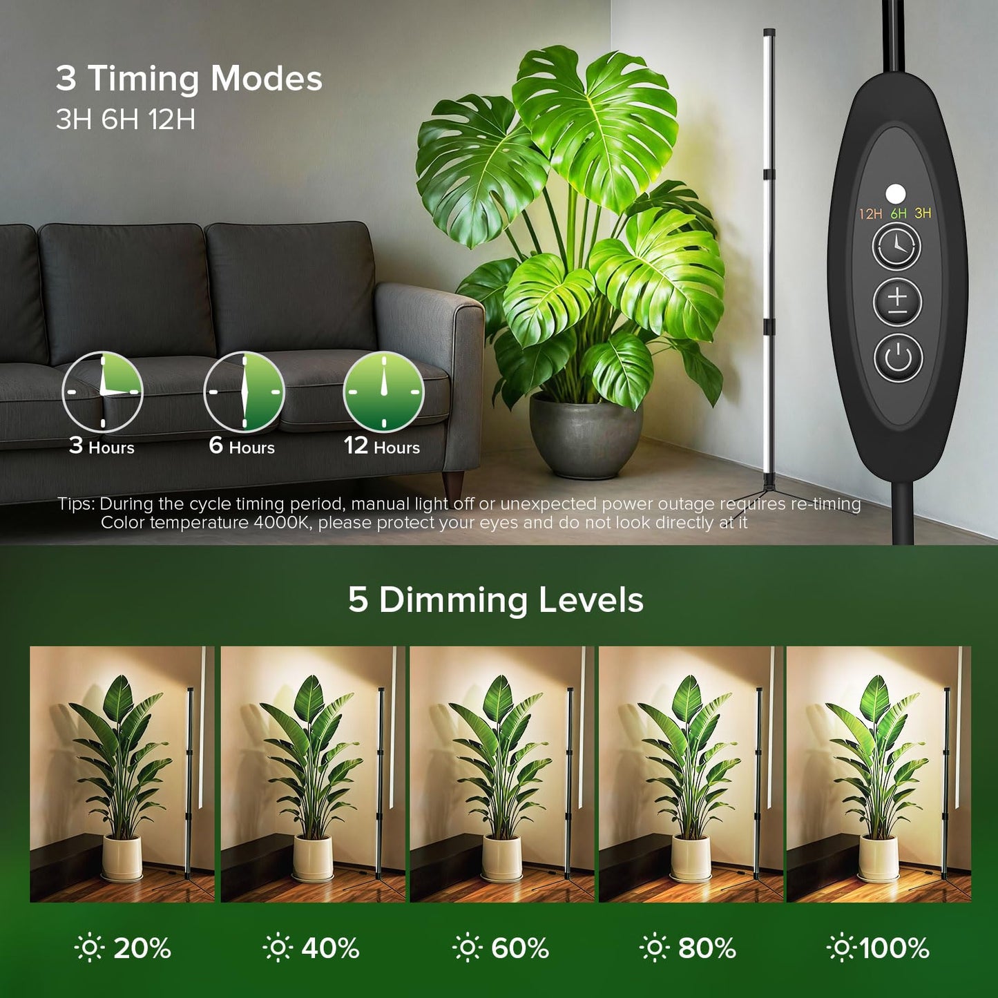 SGLEDS 55W Standing Plant Grow Light for Indoor Plants, Full Spectrum Grow Lights with Dimmer & Timer, Plant Lights for Large Houseplants, Indoor Garden Rack, Balcony & Greenhouse