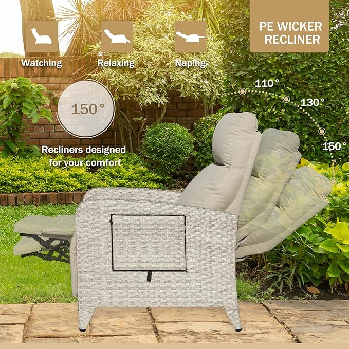 Outdoor Recliner Chairs Set of 2 Reclining Patio Chairs with Adjustable Back and Extended Footrest Wicker Rattan Recliner Chairs with Flip Table and Removable Cushion