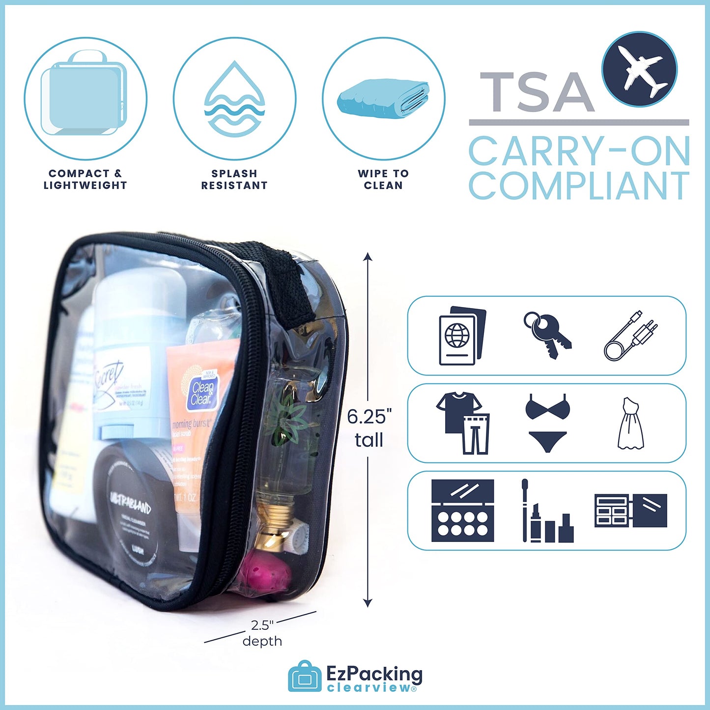 EzPacking Clear TSA Approved 3-1-1 Travel Toiletry Bag for Carry On/Quart Size Transparent Liquids Pouch for Airport Security/Reusable See Through Vinyl & PVC Plastic Organizer Men Women (Turquoise)