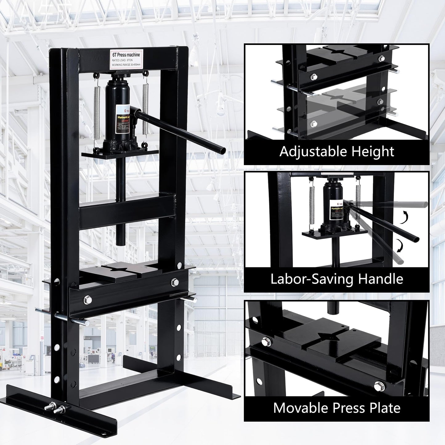 Heavy Duty Hydraulic H-Frame Shop Press – 6 Ton Manual Press, Adjustable Worktable, Stamping Plates, Industrial Steel Construction – for Auto Repair, Garage, Metalworking – Black, 6T