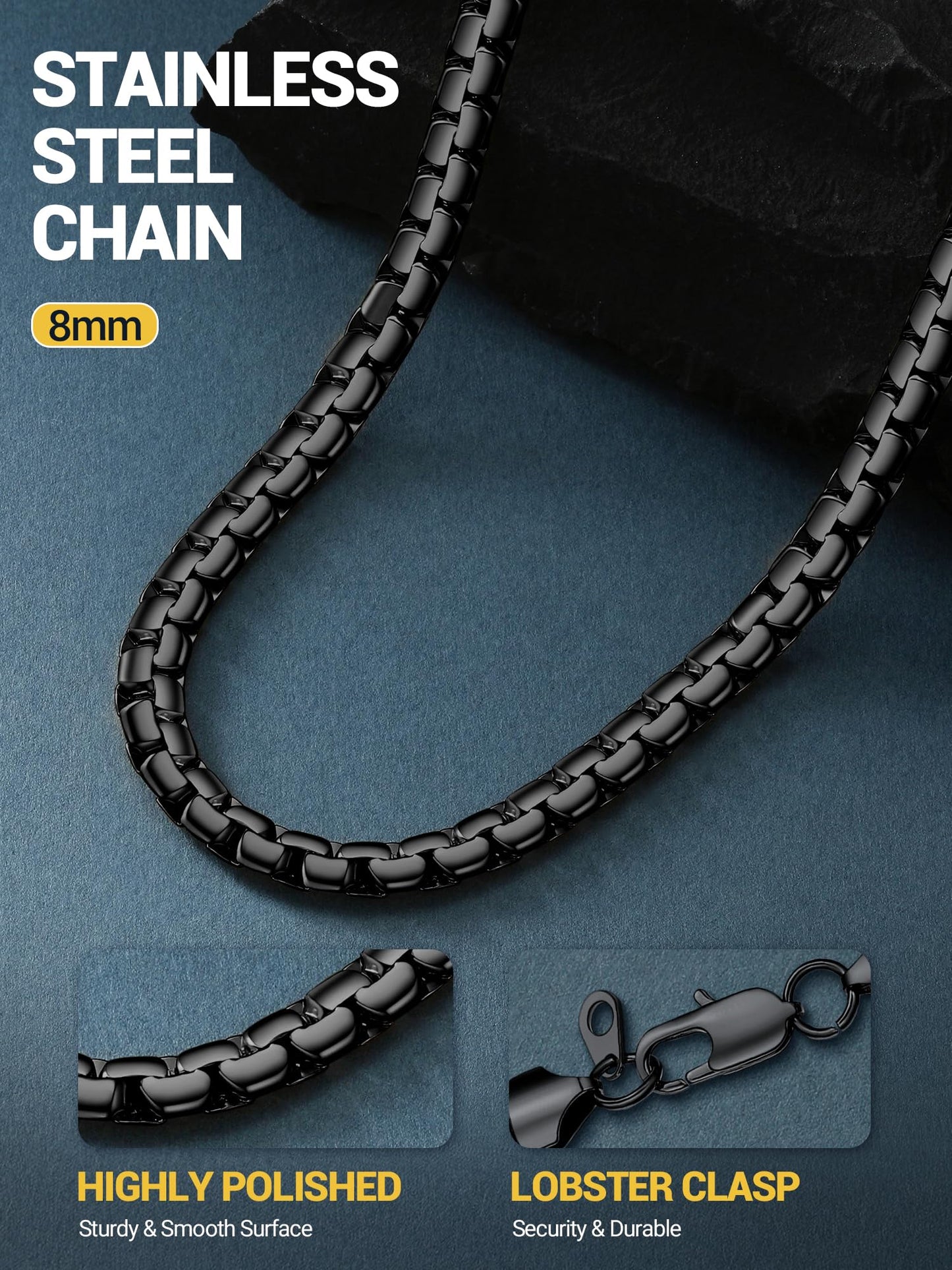 PROSTEEL Mens Chain Necklaces Black Stainless Steel Choker 8mm Chunky Flat Box Necklace for Women Hip Pop Jewelry