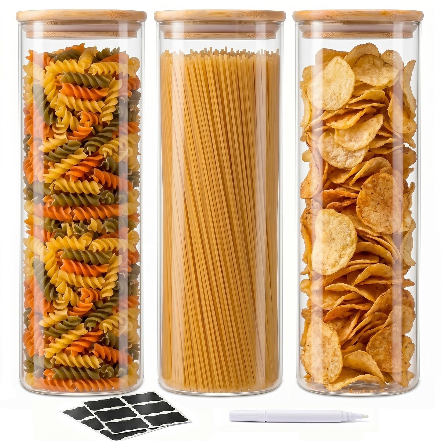 SENTVEND 73 Oz Glass Storage Jars with Bamboo Lids - 3 Pack Clear Glass Canisters Square Airtight Stackable Ideal for Pantry Storage Containers Great for Storing Oats Coffee Beans Pasta Flour Rice etc
