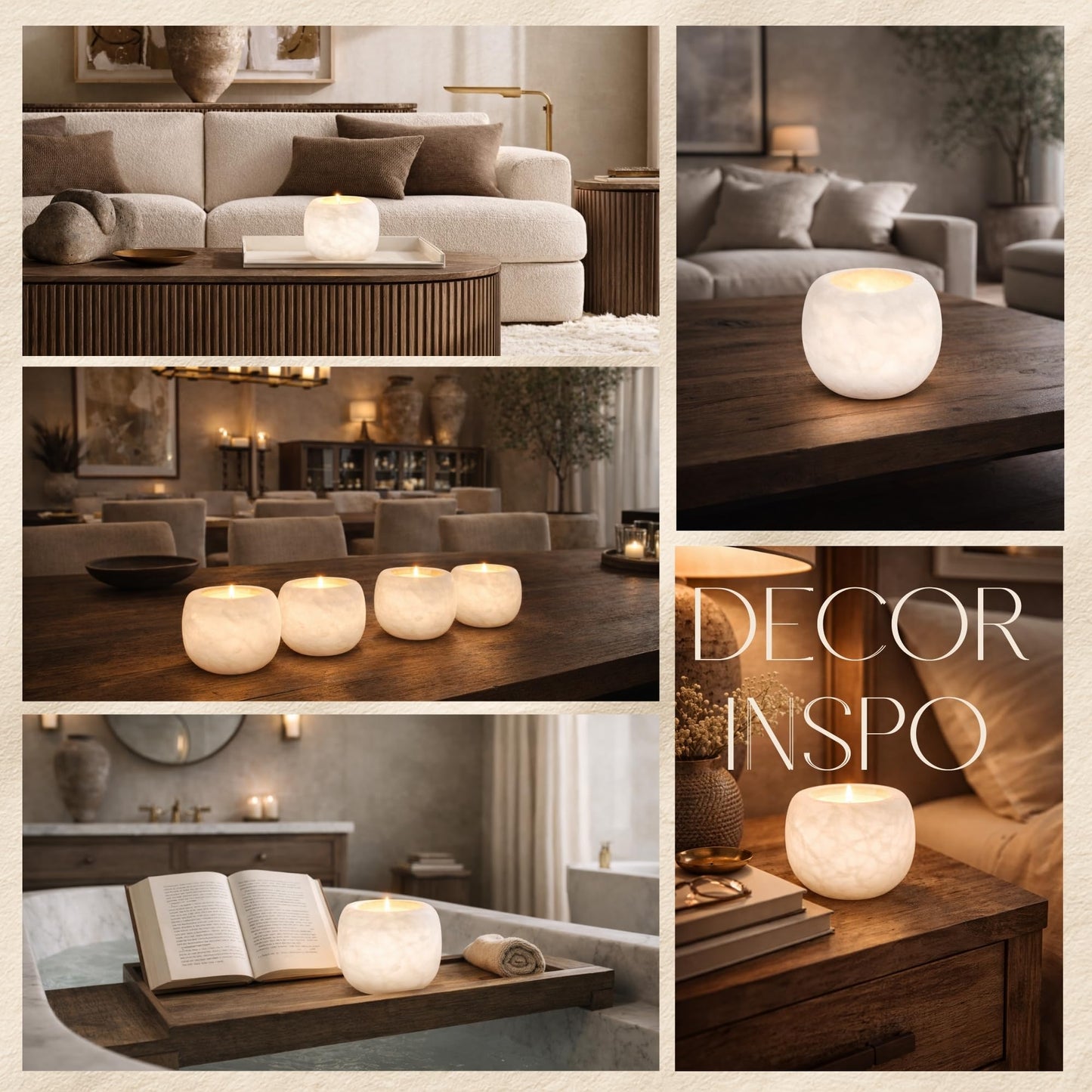 Single White Alabaster Candle Holder - Egyptian Tealight and Votive Candles Holders with Amber Glow for Home Décor - Natural Stone Soothing Tranquil