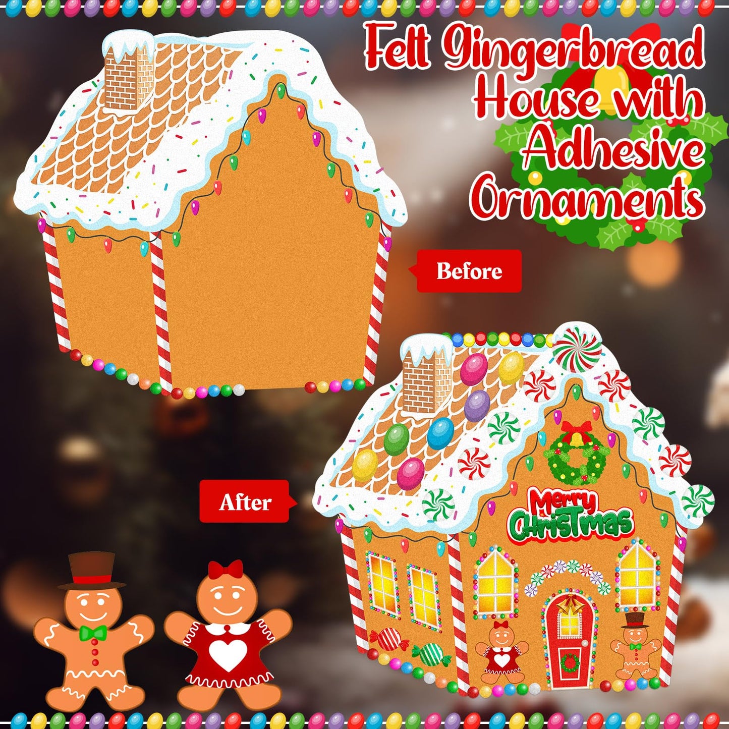 WovWeave DIY Felt Christmas Gingerbread House 3.1 x 2.9 ft with 28 Detachable Ornaments Christmas Crafts Gingerbread House Kit Xmas Gifts for Winter Holiday Party Home Door Wall Hanging Decorations