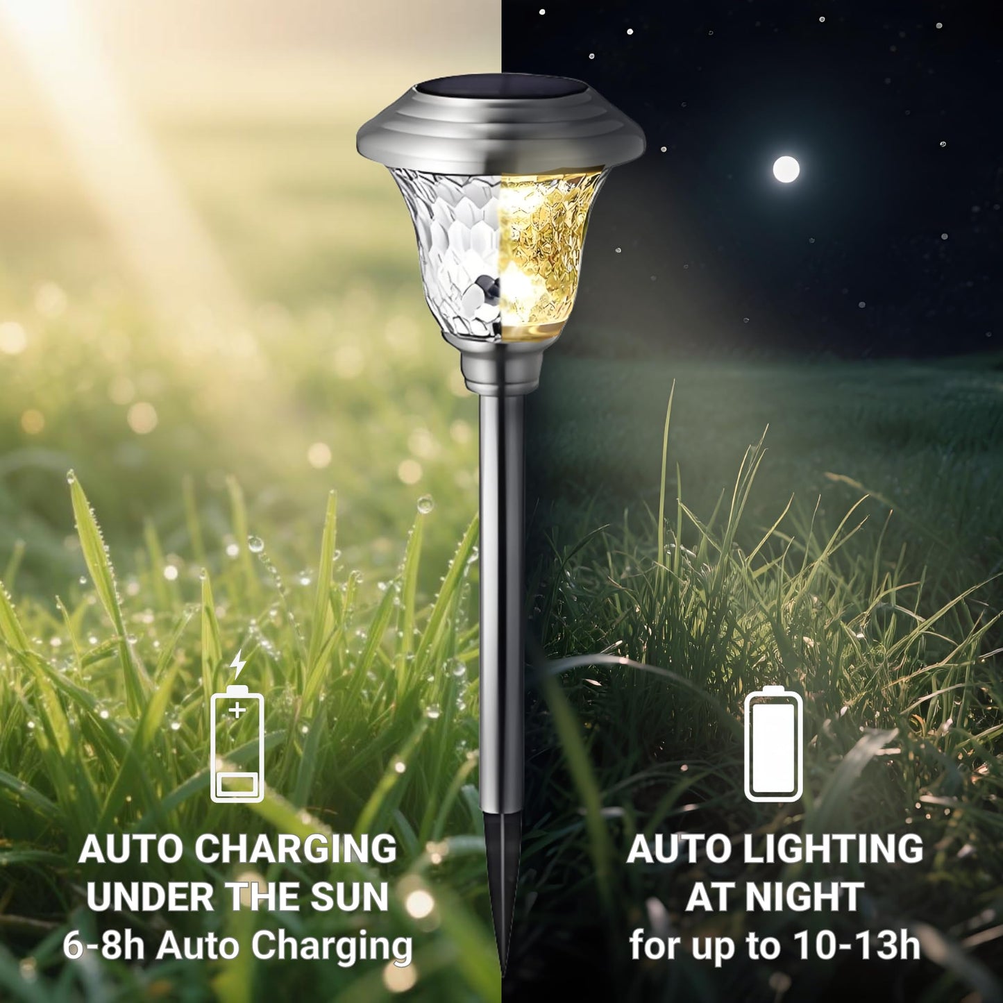 BEAU JARDIN 4 Pack Metal Garden Solar Lights Outdoor Waterproof 900mAh LED Solar Stake Lights Weatherproof Glass Lens Stainless Steel Pathway Lighting Sun Powered Landscape Lawn [Energy Class A]