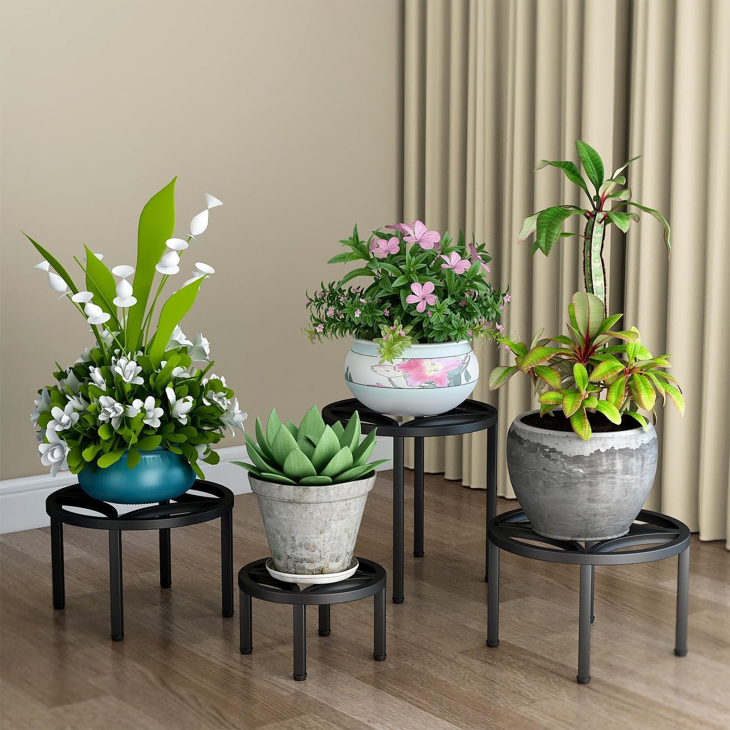 Zhongma Set of 4 Fully Assembled Metal Plant Stand for Heavy Potted Plant for Home Indoor and Outdoor, 220 LBS Capacity & Heavy Duty Construction, Sturdy Plant Riser without Installation Required