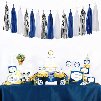Navy Blue White Silver Party Decorations,23pcs Kit Graduation 2025 Tissue Paper Pom Poms Streamers,Tassel Garland Banner Flowers,Men Birthday Bachelorette Baby Shower Christmas Decor Lasting Surprise