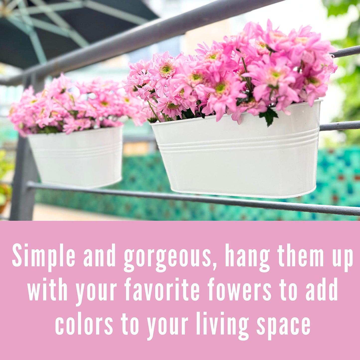 LaLaGreen Outdoor Plants Rail Planter (4 Pack, 16 Inch) White Metal Iron Hanging Flower Pots Deck Railings Fence Buckets Modern Boho Style Wall Mount Window Boxes Plant Holder Hooks Porch Home Decor