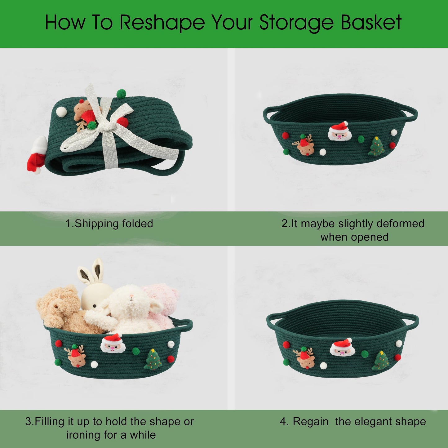 JUNBOLE Christmas Basket Empty with Gift Bag and Ribbons Woven Storage Basket13”x10”x5” Christmas Gift Baskets to Fill gifts Small Cotton Rope storage Basket(dark green, large)