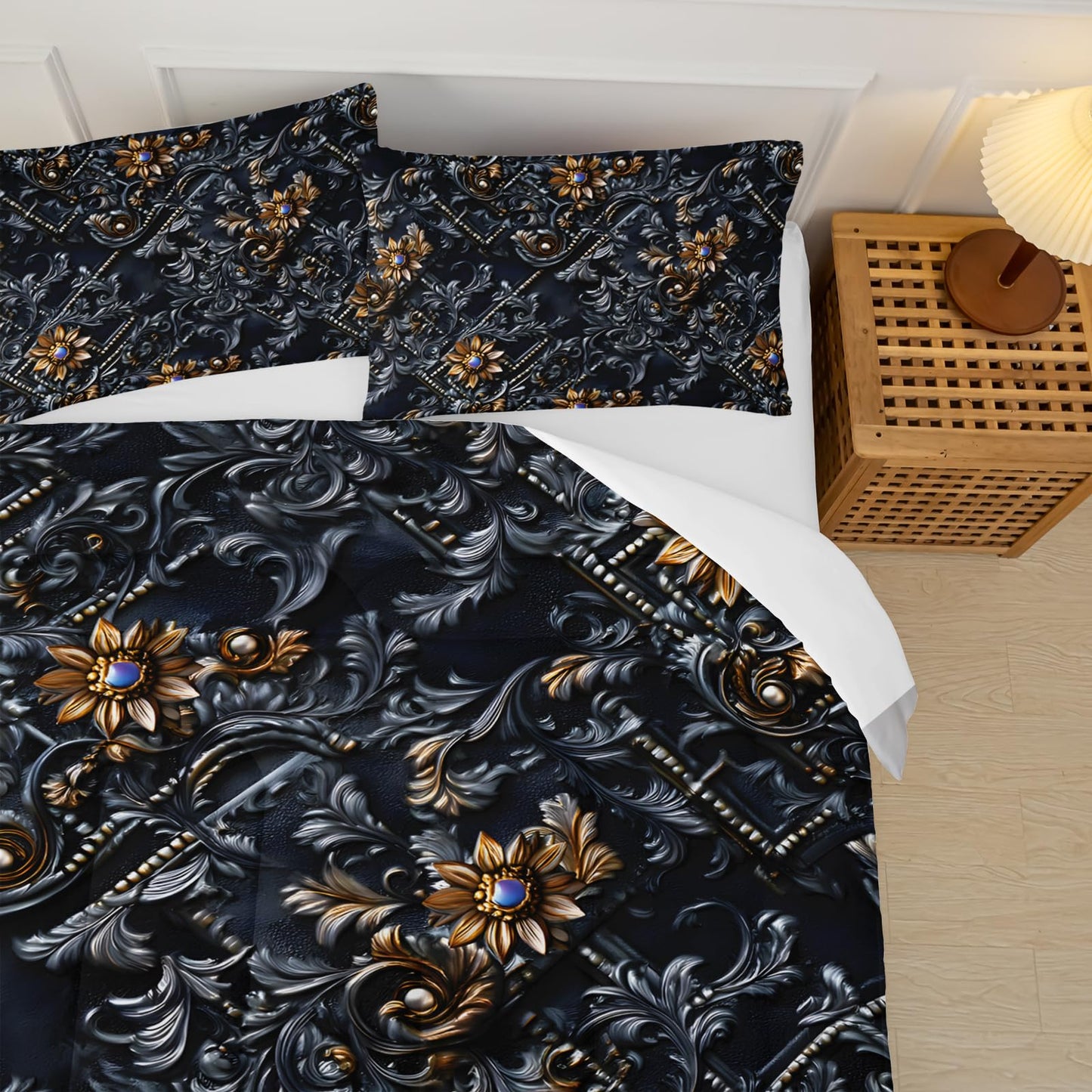 lneffble Black and Gold Floral Comforter Full Set，Victorian Gothic Bedding Set Full，with 1 Comforter with 2 Pillow Case，Floral Bedroom Decor Black