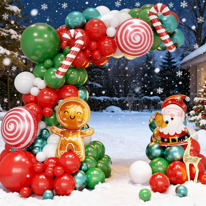 Christmas Balloon Garland Arch Kit, Christmas Balloon Arch with Metallic Green Red White Latex Balloons Snowflake Santa Foil Balloons Candy Cane for Xmas New Year Party Decoration