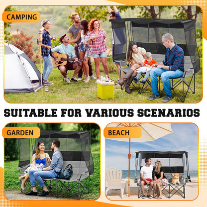 Teenyyou 3 Person Camping Chair with Canopy Shade -Oversized Beach Chair with UV Sun Protection, 700lbs Heavy Duty Foldable Loveseat with 2 Cup Holder & Storage for Beach Lawn Outdoor(Black and Grey)